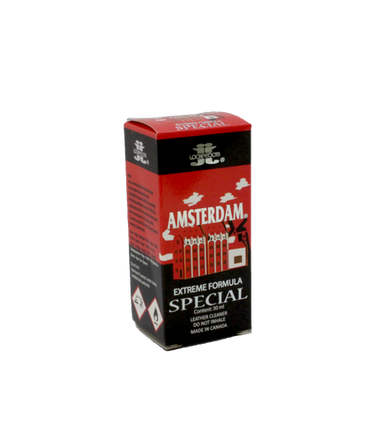 Elegant bottle of Amsterdam Special Leather Cleaner, ideal for maintaining erotic leather apparel.
